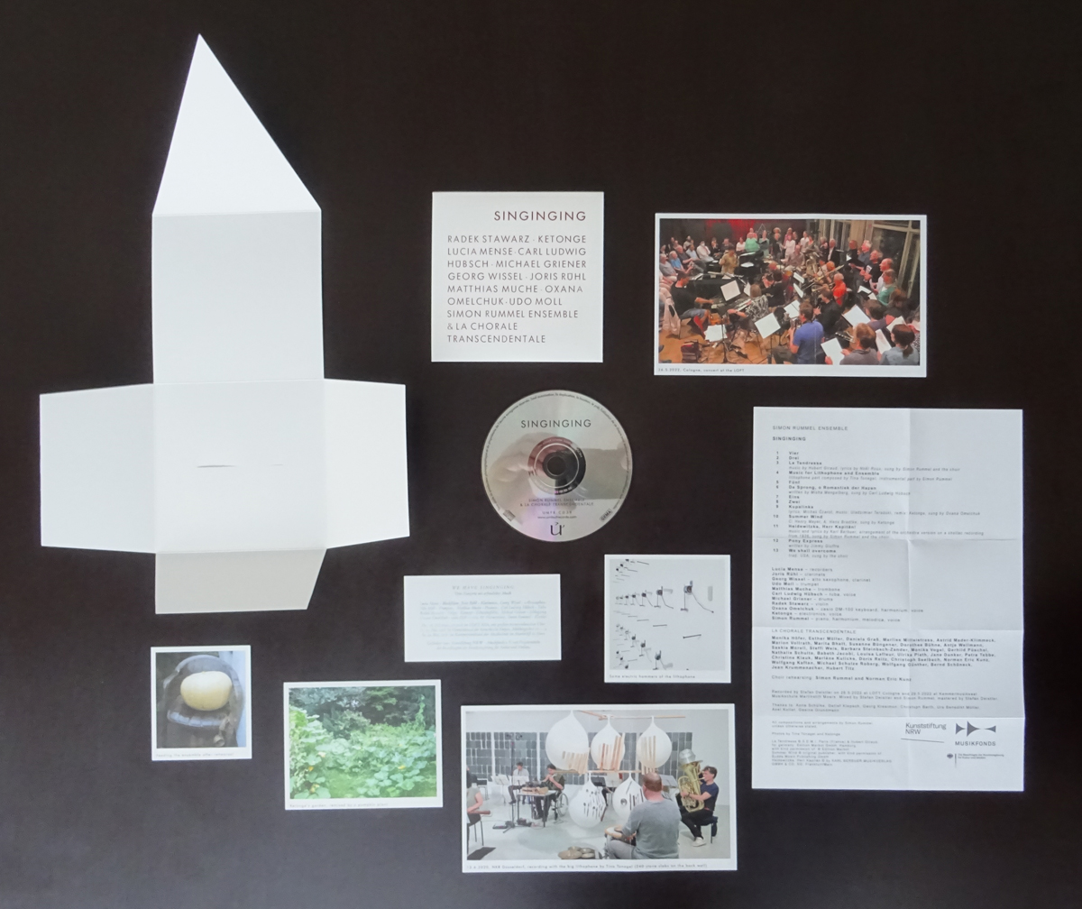 A photo of the unfolded CD Harmonielehre with all the Photos and the CD which are inside.